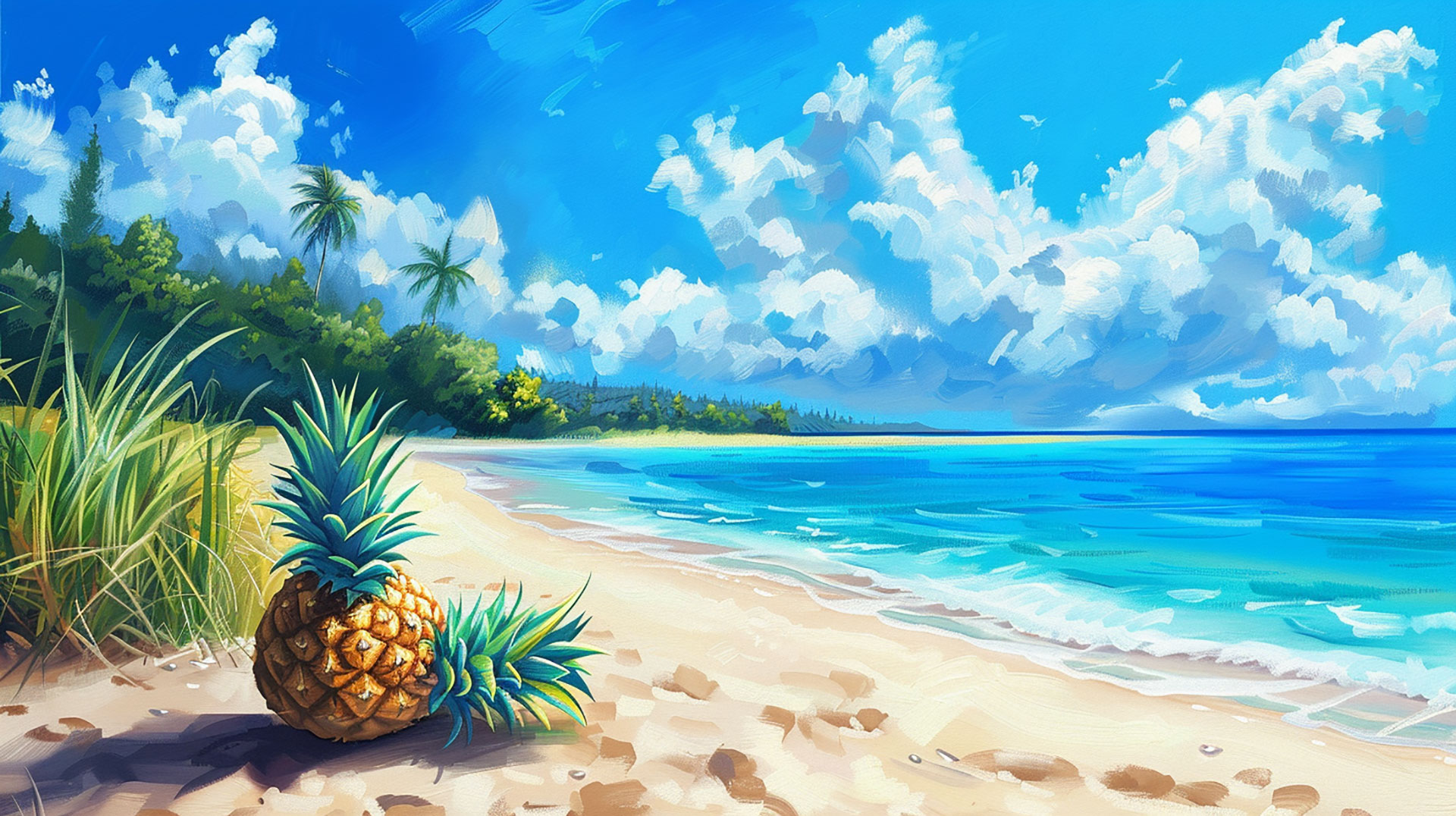 Pineapple on Sandy Shore: Free Desktop Wallpaper