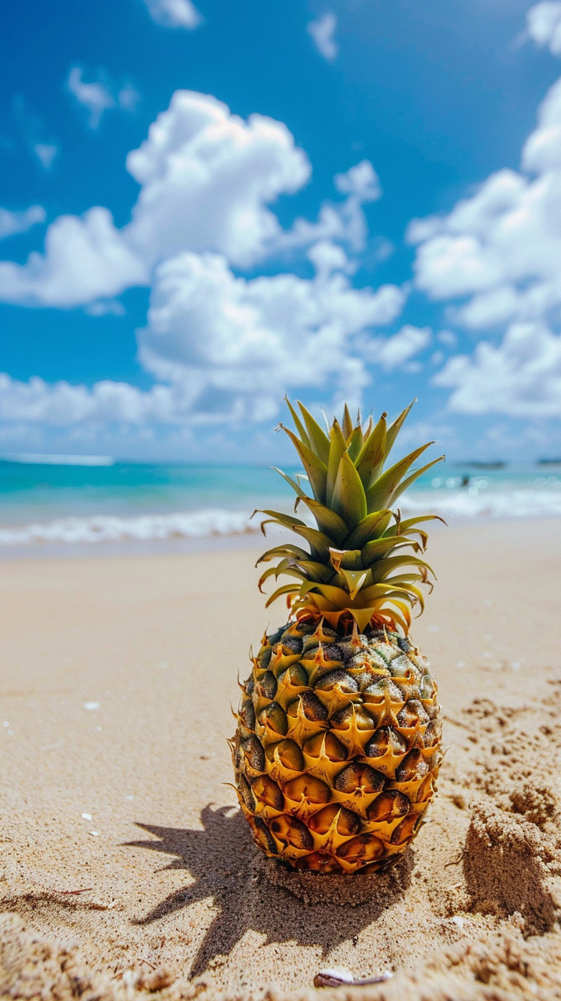 Pineapple on Beach Mobile Wallpaper in 16:9 Aspect Ratio